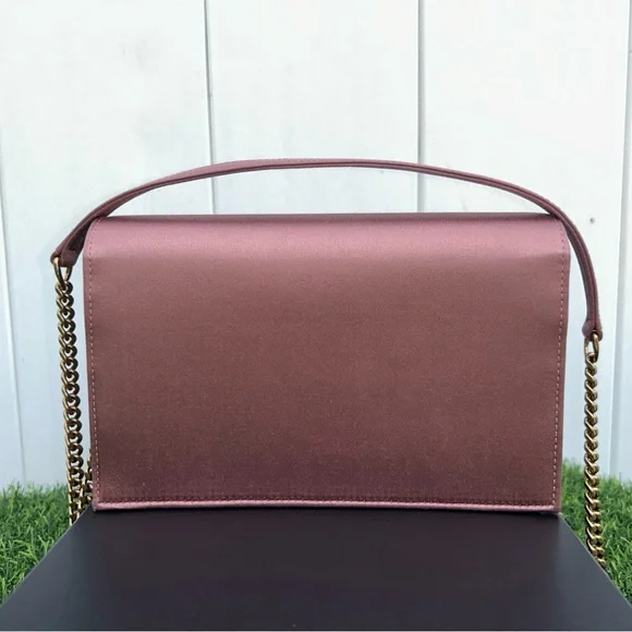 SAINT LAURENT KATE TASSEL CLUTCH ON CHAIN ROSE PINK SATIN GOLD HARDWARE NEW!